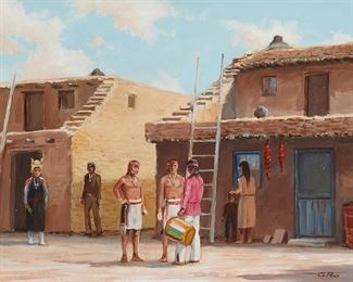 1161
Gordon Pond
1920-2001
"Street Scene, 2nd Mesa"
Oil on canvas
Signed lower right: G. Pond; signed again and titled verso
12" H x 16" W
Estimate: $400 - $600