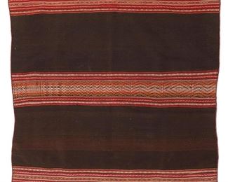 1169
Circa 1850; Oruro Aymara Culture, Bolivia
An Aymara Textile
A woven brown wool/camelid mantle textile with multicolored striped geometric motif banding and striped rolled binding to all sides
36" H x 38.5" W approximately
Estimate: $800 - $1,200