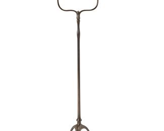 1187
Circa 1902-1919; New York, NY
A Tiffany Studios Harp Floor Lamp Base
Signed: Tiffany Studios / New York / 423
The single-light patinated bronze harp base with plain stem and pivoting socket raised on three curved legs with spade feet, electrified
54.75" H x 14.5" W x 14.5" D
Estimate: $1,500 - $2,500