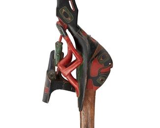 1197
Late 19th/20th century, Pacific Northwest Coast
A Tlingit Or Haida Raven Rattle
An elaborate carved cedar and polychrome painted rattle with multiple figures including raven, frog, kingfisher and hawk
5.75" H x 15.5" W x 4" D
Estimate: $4,000 - $6,000