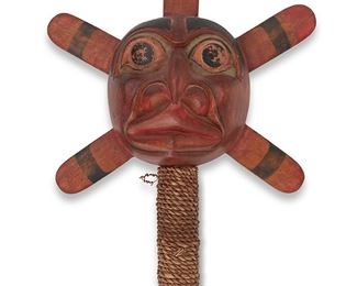 1201
Stan Greene (B. 1953, Coast Salish)
Signed and dated to under brim; further inscribed: Gitksan / Chief's Hat / Eagle Clan
A carved cedar wood Tsimshian Chief's hat, 1989; British Columbia, Canada
With a carved eagle's head topped with stacked hide segments wrapped in cedar strips, with various feathers, surrounded by painted polychrome whale and other motifs to sides
Wood: 8.5" H; with segments: 12.5: H x 16.5" Dia.
Estimate: $500 - $700