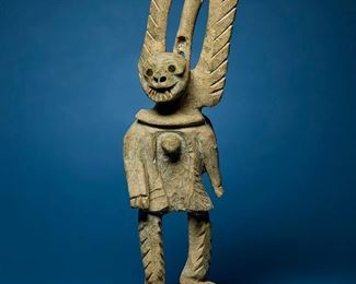 1203
Davie Atchealak
1947-2006, Inuit; Frobisher Bay/Iqaluit
Carved Figure With Drum And Drumstick
Stone, bone, and sea sponge
Signed to underside: Davie Atchealak / ©
15" H x 14.5" W x 6" D
Estimate: $2,000 - $4,000