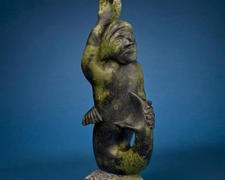 1211
Aqjangajuk Shaa
1937-2019, Inuit; Cape Dorset/Kinngait
Carved Sea Spirit Figure
Stone
Unsigned
23" H x 7.25" W x 8" D
Estimate: $2,000 - $3,000