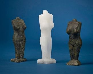 1212
Ovilu Tunnillie
1949-2014, Inuit; Cape Dorset/Kinngait
Three Carved Figures
Stone
Each signed in syllabically; one with applied sticker to underside: B2891
3 pieces
Largest: 5.875" H x 2.125" W x 1.125" D; smallest: 5" H x 1.75" W x 1.75" D
Estimate: $800 - $1,200