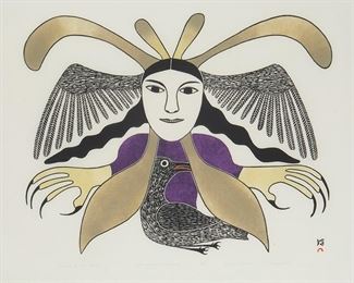 1213
Kenojuak Ashevak
1927-2013
"Spirit Of The Raven," 1979
Stonecut and stencil in colors on paper
Edition: 4/50
Signed, titled, dated, numbered, and inscribed in pencil along the lower edge; and with the artist's device lower right
Sight: 21.25" H x 26.75" W
Estimate: $800 - $1,200