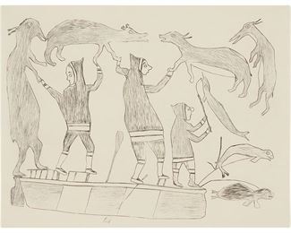 1214
Keeakshook Kiakshuk
1886-1966
"Hunters, Umiak And Animals," 1962
Stonecut on cream-colored paper
Edition: 38/50
Signed and numbered in pencil in the lower margin: Kiakshuk; with a unidentified blindstamp lower right margin; titled and numbered again on a gallery label affixed to the plastic wrapping
Image/Sheet: 12.75" H x 17.75" W
Estimate: $400 - $600