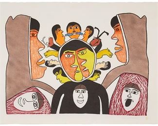 1216
Simon Tookoome
1934-2010
"Hide And Seek," 1972
Stonecut in colors on paper
Edition: 18/39
Signed, titled, dated, and numbered in pencil lower right: Tookoome; and with the artist's device lower right
Image/Sheet: 25.5" H x 37.25" W
Estimate: $400 - $600