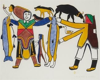 1217
Simon Tookoome
1934-20100
"A Time Of Plenty," 1970
Stonecut in colors on paper
Edition: 26/50
Signed, titled, dated, and numbered in pencil lower right: Tookoome; and with the artist's device and an unidentified blindstamp lower right
Sight: 23.5" H x 34" W
Estimate: $400 - $600