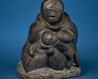 1219
Syollie Weetaluktuk
1906-1962, Inuit; Port Harrison/Inukjuak
Carved Figure Skinning A Fox
Stone
Signed syllabically to underside and with artist's disc number: EF1745; further marked with sticker: canadian eskimo art
7" H x 6.125" W x 7.875" D
Estimate: $500 - $700