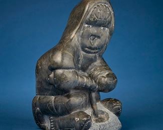 1225
Johnny Inukpuk
1911-2007, Inuit; Port Harrison/Inukjuak
Carved Figure Of Boy Ice Fishing
Stone
Signed syllabically to underside and numbered: C-NO-5-87 / 14160; further marked with sticker: [illegible] / eskimo art esquimau
10" H x 6.875" W x 6.5" D
Estimate: $400 - $600