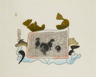 1230
Mayoreak Ashoona
b. 1946
"Land And Seascape," 1984
Stonecut and stencil in colors on paper
Edition: 5/50
Signed, titled, numbered, dated, and inscribed in pencil along the lower edge: Mayoreak / Dorset; with a blindstamp lower right
Sight: 24" H x 30.5" W
Estimate: $200 - $400