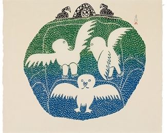 1231
Pitseolak Ashoona
1904-1983, Inuit
"Owls In Spring Snow," 1972
Stonecut in colors on paper
Edition: 2/50
Signed, titled, dated, numbered, and inscribed in the lower margin: Pitseolak / Dorset; with a blindstamp lower right
Image/Sheet: 22" H x 24.5" W
Estimate: $300 - $500