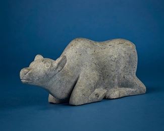 1234
Annie Komek (Etokto) Kiguina
b. 1947, Inuit; Coppermine/Kugluktuk
Kneeling Caribou, Circa 1980
Stone
Unsigned; marked with sticker to underside: Canada eskimo art
4' H x 11.25" W x 3" D
Estimate: $300 - $500