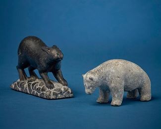 1235
Two Carved Stone Figures
Two works:
Joanassie Oomayaualook
(b. 1934, Inuit; Port Harrison/Inukjuak)
Carved hare on rocky ground base
Stone
Signed syllabically to verso; further marked with artist's identification disc number: E91749
3.375" H x 4.75" W x 1.875" D
Celina Seeleenak Putulik
(b. 1934, Inuit; Repulse Bay/Naujaat)
Carved bear figure
Stone
Unsigned; with applied sticker to underside: Canadian Eskimo art
2.5' H x 4.75" W x 1.875" D
2 pieces
Estimate: $100 - $200