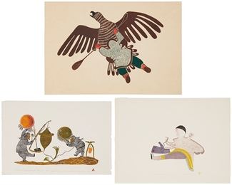1240
Three Inuit Stonecuts
Agnes Nanogak (1925-2001)
"Vengeance," 1977
Stonecut in colors on cream-colored paper
Edition: 7/50
Signed, titled, dated, numbered, and inscribed in pencil along the lower edge: Nanogak / Holman / Egutak; with the Holman and an unidentified blindstamp lower right
Image/Sheet: 20.125" H x 30.25" W
Toweener Arngnakik (20th century)
"Embroidering a Parka," 1971
Stonecut in colors on paper
Edition: 9/42
Signed, titled, dated, and numbered in pencil along the lower edge: Toweener Arngnakik, and with the artist device lower right; with an unidentified blindstamp lower right
Image/Sheet: 19.75" H x 26" W
Lipa Pitsiulak (1943-2010) & Solomon Karpik Pangnirtung (20th century)
"Shaman Test of Strength," 1978
Stonecut in colors on paper
Edition: 3/50
Signed, titled, dated, and numbered in pencil along the lower edge: Lipa Pitsiulak / Solomon Karpik Pangnirtung / 66, and with the artist's device lower right; with an unidentified blindstamp lower right
Image/Sheet: 16.