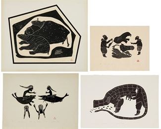 1241
A Group Of Inuit Artworks
Agnes Nanogak (1925-2001)
"Dream," 1968
Stonecut on cream-colored paper
Edition: 14/50
Signed, titled, dated, and numbered in pencil along the lower edge: Nanogak; with the red Holman stamp lower right
Sight size: 18" H x 23" W
Peter Aliknak (b. 1928)
"Sorcerers Contest," 1966
Stonecut on cream-colored paper
Edition: 19/40
Signed, titled, dated, numbered, and inscribed in pencil along the lower edge: Aliknak / Eskimo Western Arctic / #7; with the red Holman stamp and unidentified blindstamp lower right
Image/Sheet: 15.125" H x 20.25" W
Helen Kalvak (1901-1984)
"The Sea Dwellers," 1968
Stonecut on cream-colored paper
Edition: 27/50
Signed, titled, dated, and numbered in pencil along the lower edge: Kalvak / #13; with the red Holman stamp and unidentified blindstamp lower right
Image/Sheet: 18" H x 24" W
Peter Aliknak
"Mother Bear," 1984
Stonecut on cream-colored paper
Edition: 9/50
Signed, titled, dated, numbered, and inscribed in pencil along the lower