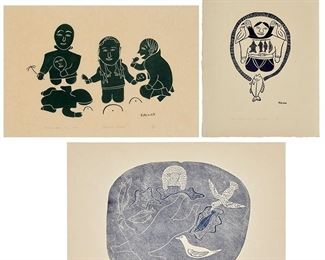 1242
Helen Kalvak (1901-1984)
"Shaman's Ritual "1970
Stonecut in colors on cream-colored paper
Edition: 25/50
Signed, titled, dated, numbered, and inscribed in pencil along the lower edge: Kalvak / Eskimo Western Arctic; with the Holman and unidentified blindstamp lower right
Sight:14.5" H x 20.625" W
"Underwater Fisher," 1973
Stonecut in colors on cream-colored paper
Edition: 33/50
Signed in the image lower right; titled, dated, numbered, and inscribed in pencil along the lower edge: Kalvak / Eskimo Western Arctic; with the Holman and unidentified blindstamp lower right
Image/Sheet: 20" H x 30" W
"Magic Power," 1973
Stonecut in colors on cream-colored paper
Edition: 4/50
Signed in the image lower right; titled, dated, numbered, and inscribed in pencil along the lower edge: Kalvak / Eskimo Western Arctic; with the Holman and unidentified blindstamp lower right
Image/Sheet: 24.5" H x 17" W
3 pieces
Estimate: $400 - $600