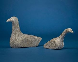 1245
Lucie Angalakte Mapsalak
b. 1931, Inuit; Repulse Bay/Naujaat
Two Carved Geese
Stone
One signed syllabically to underside and with artist's identification disc number: E3-486; one with applied sticker to underside: Canadian eskimo art
2 pieces
Largest: 4.5" H x 6" W x 2.25" D; Smallest: 3" H x 5.5" W x 1.625" D
Estimate: $200 - $400