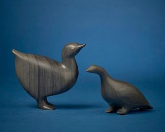 1246
Paul Kavik
b. 1948, Inuit; Belcher Islands/Sanikiluaq
Two Carved Birds
Stone
One signed: Paul K / 171; one appears unsigned, with two applied stickers to underside: Canadian Eskimo art / Hudson's Bay Company / 9 / WHU
2 pieces
Larger: 4.625" H x 5" W x 2.75" D; smaller: 3.5" H x 5.75" W x 2.25" D
Estimate: $200 - $400