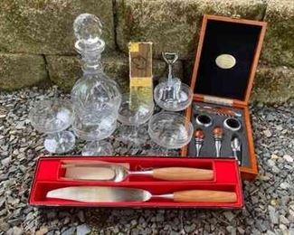 Crystal Decanter And Coups Dansk Carving Set And Brookstone Heritage Wine Set
