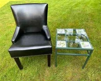 Custom Painted Pottery Glass And Metal Table and Leather Chair with Nailhead