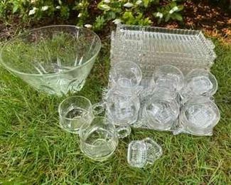 Vintage Hazel Atlas Bubble Glass Sip Smoke Lunch Trays and Crystal Punch Bowl