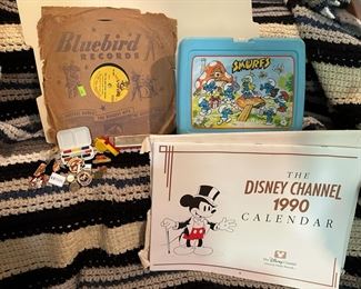 Vintage Smurfs Lunchbox Disney Pins 90s Disney Channel Calendar Harmonica And Peter Pan Vinyl