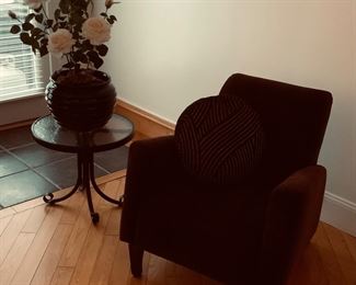 Matching brown pinstripe velvet club chairs (2) by Weiman Furniture. 