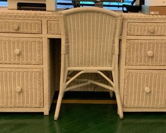 Kneehole desk and chair: Desk 56“(W)x 22“(D)x 31“(H), chair seat height  16“ without cushion. Tilt down center drawer for keyboard.