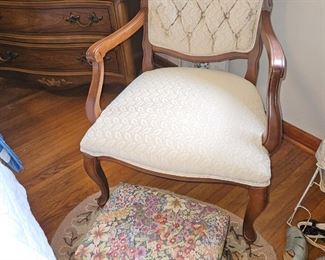 Vintage Wood/Upholstery Armchair, Damask Upholstered Footrest w/Brass Legs, Vintage Hand Hook Rug!


