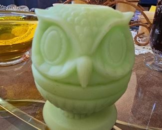 Fenton Lime Green Satin Glass Owl 2 Pc Fairy Light Lamp!