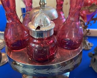 Antique Victorian 6 pc cranberry glass castor cruet set w/silver pl stand LOVELY
