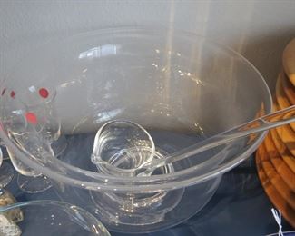 BLOWN GLASS PUNCH BOWL AND LADLE.