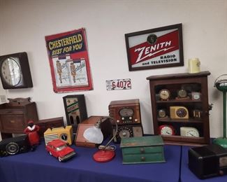 Sampling of Bakelite radios, advertising, Hershey's chocolate  1-cent dispenser.  These items are located offsite and available June 1-4.