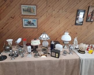 Assortment of Art Deco lighting, chrome items, a rocket light and  a figural lamp.  This grouping is located offsite and available for sale June 1-4.