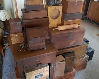 Assortment of interesting and unusual antique boxes.  These boxes are located offsite and will be available for sale June 1-4.