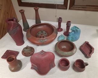 Van Briggle pottery selection including a 1920 Lorelei vase.  This pottery group is located offsite and available for sale June 1-4.
