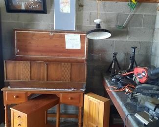 Mid-century Lane cedar chest, vintage kneehole desk, old light, many power tools and hand tools. Located at the 1898 home and available June 1-4.
