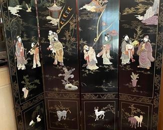 Chinese 4-panel screen with applied stone decoration            6'h x 64"w