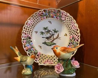 Herend reticulated plate & bird figures 