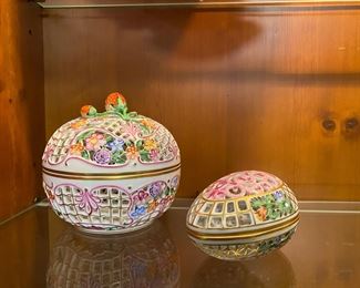 Herend reticulated strawberry ball box & egg-shaped box
