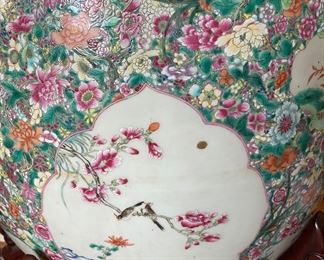 Large antique Famille Rose bowl on stand   16"h x 18" diameter **Available for pre-sale only**