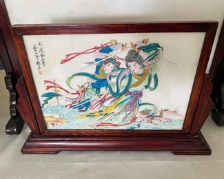 Vintage Chinese painted marble plaque 