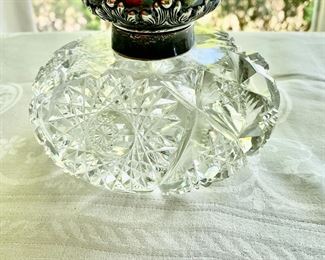 large cut glass inkwell with sterling lid
