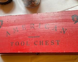 Vintage scarce to find American young child tool chest with tools.