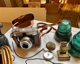 Vintage Camera, Wartime compass, vintage flipping Calendar, squirrel nut cracker