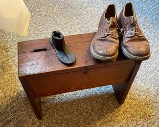 Extra cool vintage boys shoe shine box with cleated antique old baseball shoes and cast iron shoe form.