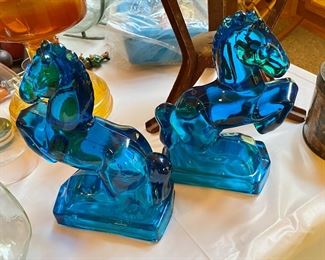 True vintage Blue Glass horse bookends
