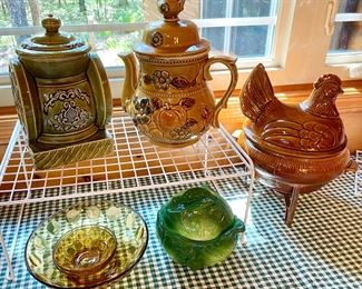 Vintage Cookie jars, Rooster Tureen, Holland Mold Cabbage, and Vintage thumbprint glass chip and dip bowl.