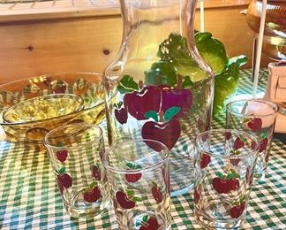 Vintage Cherry Glass Lemonade/Tea Pitcher and glasses.